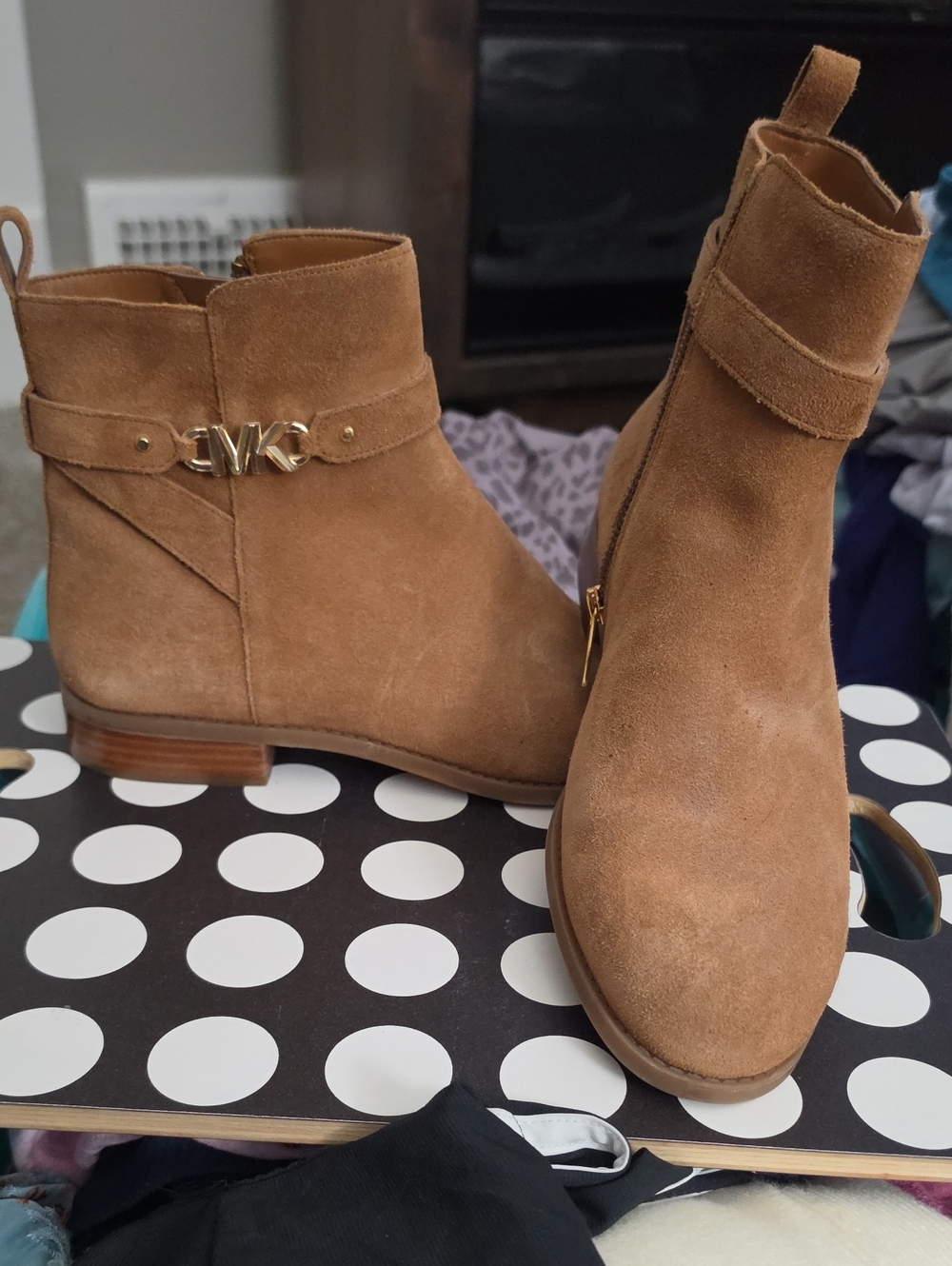 Michael Kors Tan Suede Ankle Booties with Gold MK Accent
